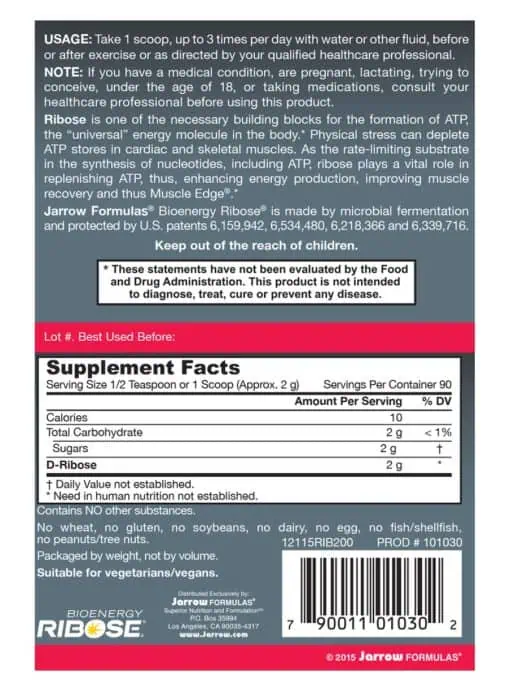 Jarrow Formulas D-Ribose Powder -- energy support, muscle recovery - Back