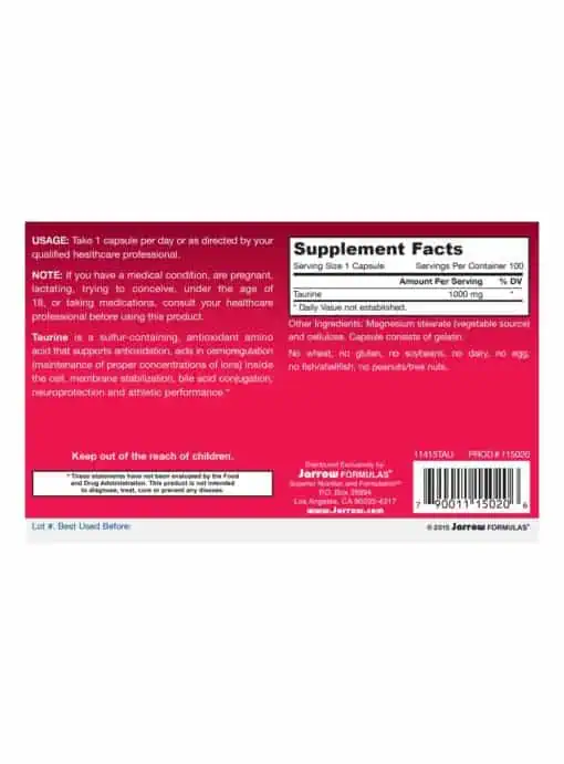 Jarrow Formulas Taurine 1000mg -- antioxidant amino acid, supports neuroprotection - Back