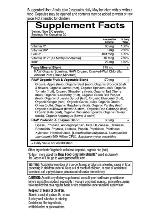 Garden of Life Vitamin Code Healthy Blood — Iron Supplement, Whole Food Nutrients - Back