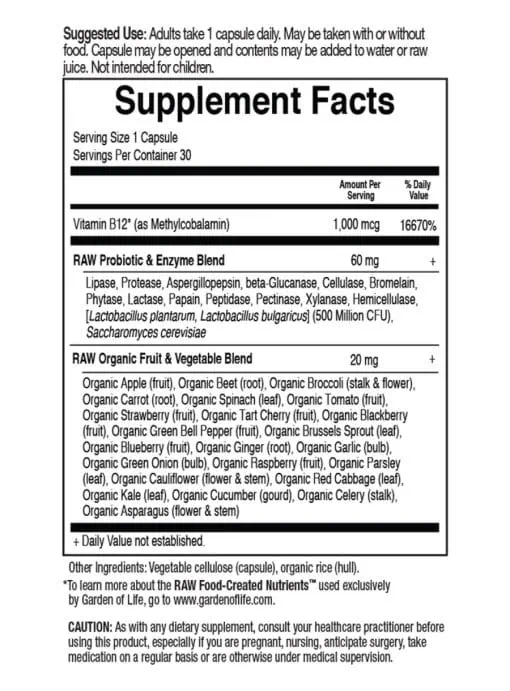 Garden of Life Vitamin Code RAW B-12 — Whole Food Vitamin B12, Energy Support - Back