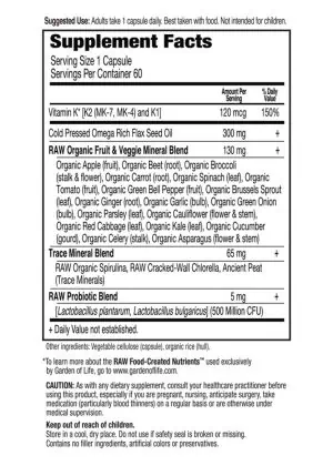 Garden of Life RAW K-Complex — Vitamin K, Bone Health - Back