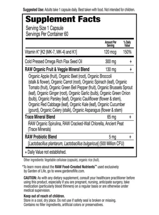 Garden of Life RAW K-Complex — Vitamin K, Bone Health - Back