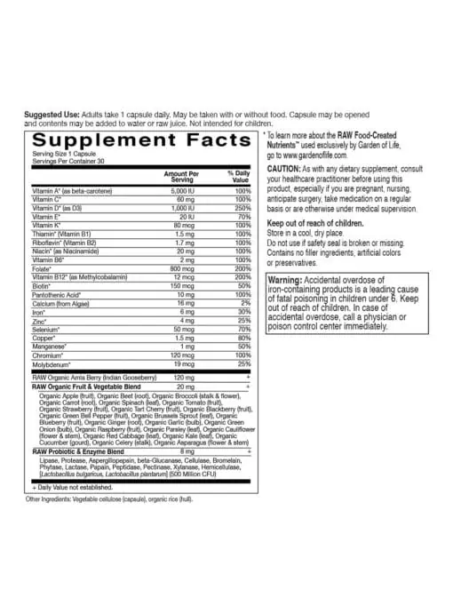 Garden of Life Vitamin Code RAW ONE for Women -- multivitamin for women, whole food nutrients - Back