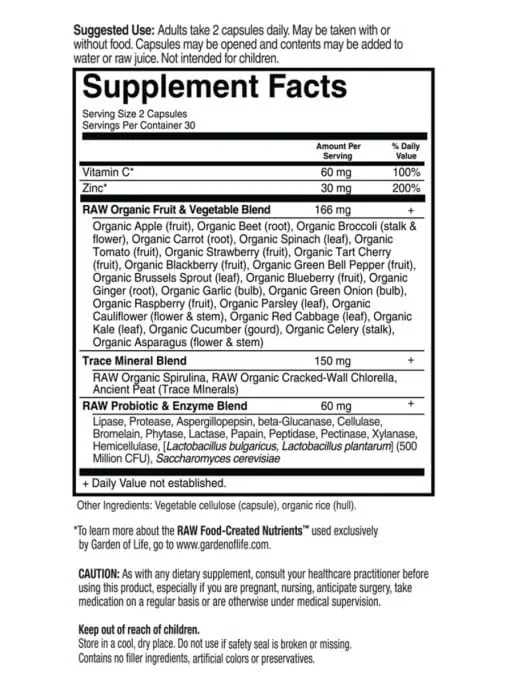 Garden of Life Vitamin Code RAW Zinc — Whole Food Zinc, Immune Support - Back