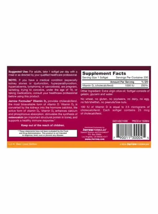 Jarrow Formulas Vitamin D3 1000iu -- vitamin d3, bone health - Back