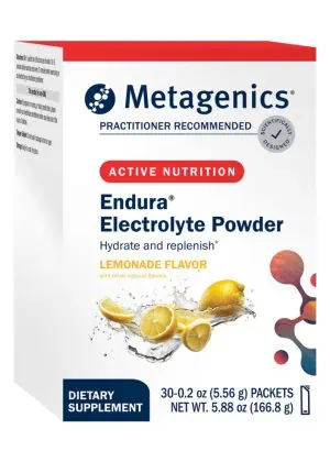Metagenics Endura Electrolyte Powder Lemonade flavor -- electrolyte powder, hydration supplement.