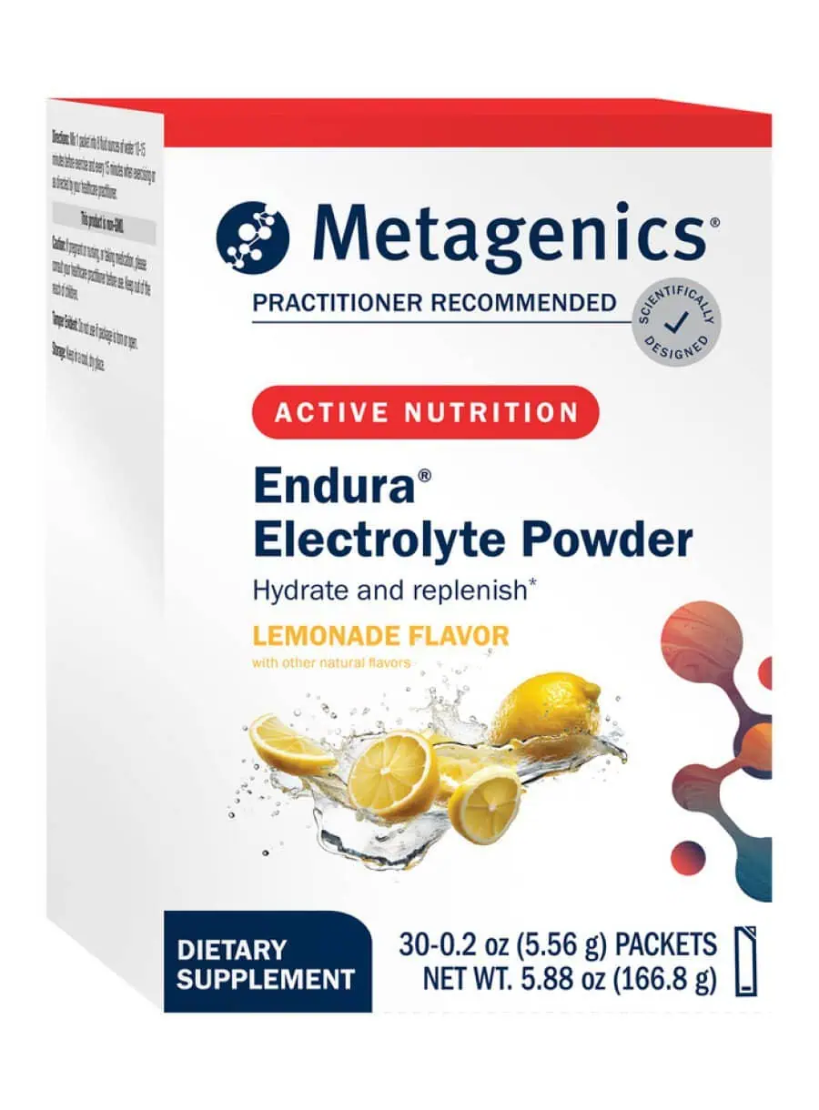 Metagenics Endura Electrolyte Powder Lemonade flavor -- electrolyte powder, hydration supplement.