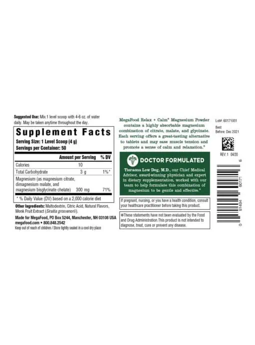 MegaFood Relax + Calm Magnesium Powder-Raspberry Lemonade Flavor -- magnesium powder, relaxation supplement - Back