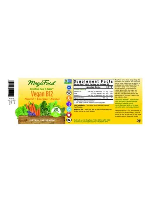 Megafood Vegan B12 -- plant-based energy support, vitamin B12 supplement - Back