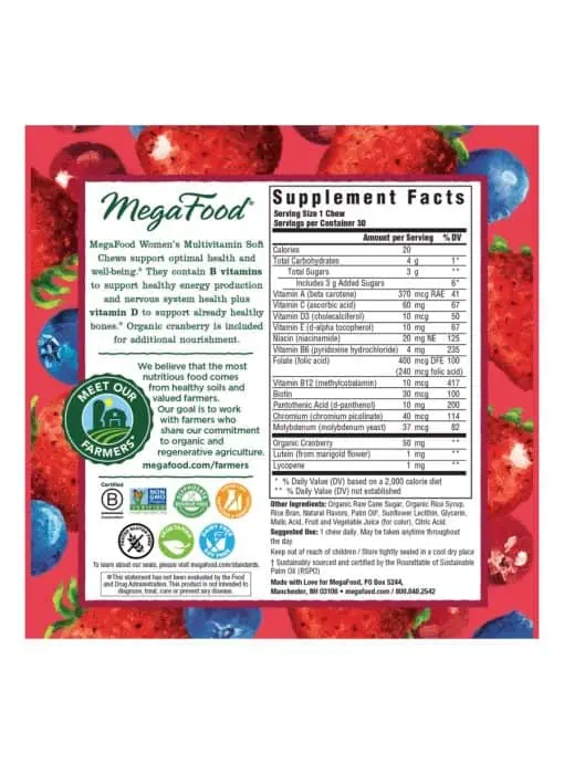 Megafood Women's One Daily Multivitamin Soft Chews - Mixed Berry Flavor, women's health, multivitamin - Back