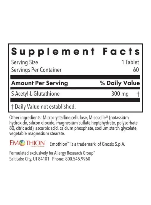 Allergy Research Group Acetyl-Glutathione 300 mg -- glutathione supplement, antioxidant support. - Back