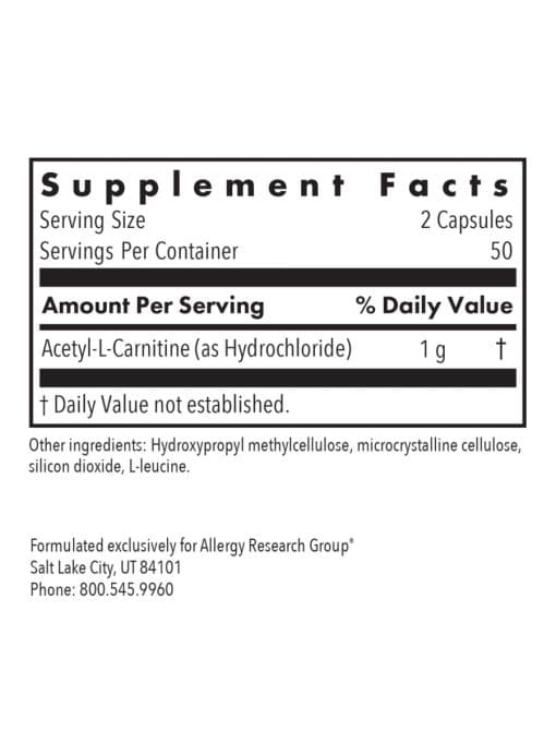 Allergy Research Group Acetyl L-Carnitine 500mg -- acetyl-l-carnitine, metabolism support. - Back