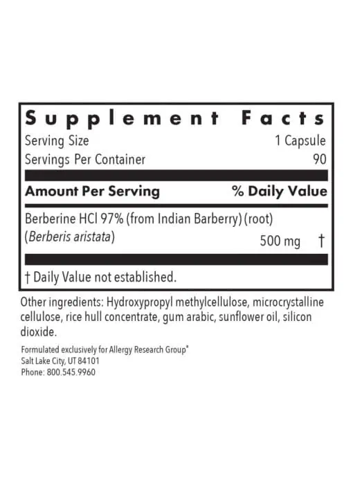 Allergy Research Group Berberine (Berberine HCl) 500 mg -- glucose metabolism, lipid balance. - Back
