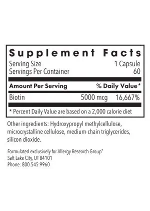Allergy Research Group Biotin 5000 -- high potency biotin, vitamin B7. - Back