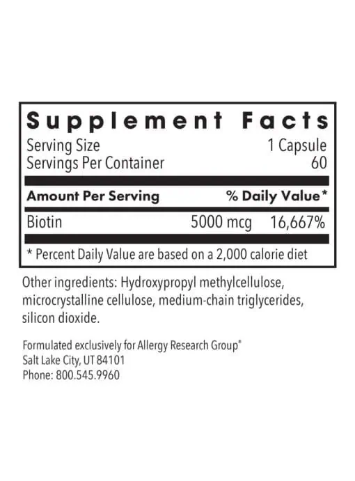 Allergy Research Group Biotin 5000 -- high potency biotin, vitamin B7. - Back