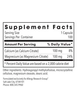 Allergy Research Group Calcium/Magnesium Citrate -- calcium supplement, magnesium supplement. - Back