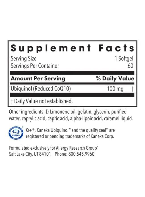 Allergy Research Group CoQH-CF(R) Ubiquinol -- antioxidant support, energy production. - Back