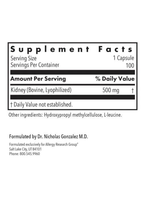 Allergy Research Group Kidney Beef Natural Glandular -- kidney support, detoxification. - Back
