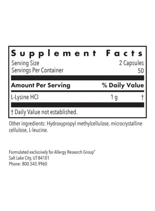 Allergy Research Group L-Lysine -- amino acid supplement, high purity. - Back