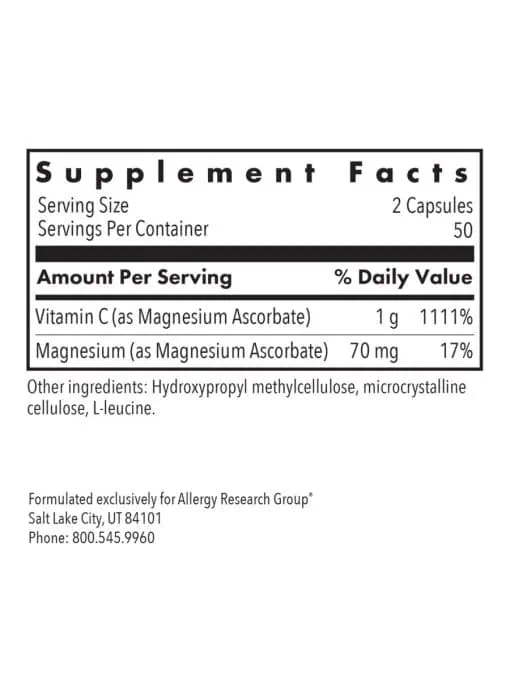 Allergy Research Group Magnesium Ascorbate -- buffered vitamin C, magnesium support. - Back