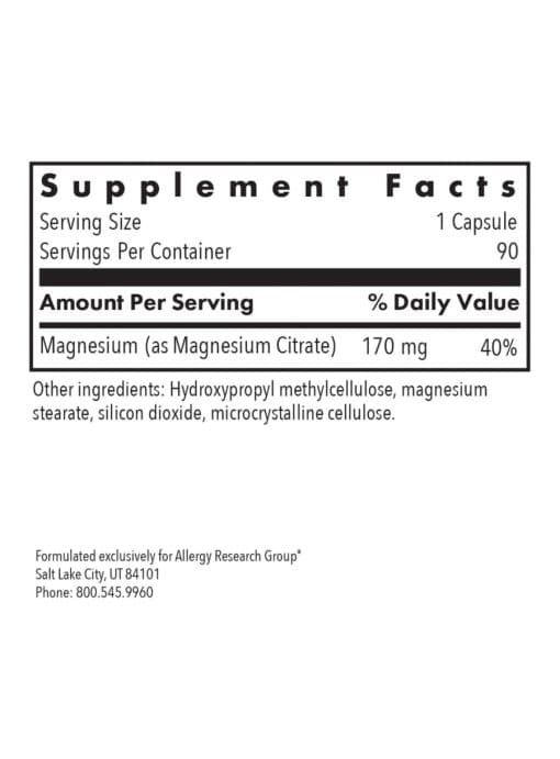 Allergy Research Group Magnesium Citrate -- magnesium supplement, citrate form. - Back