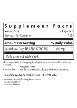 Allergy Research Group Nattokinase 50 mg NSK-SD(R) -- natural fibrinolytic support, cardiovascular health. - Back