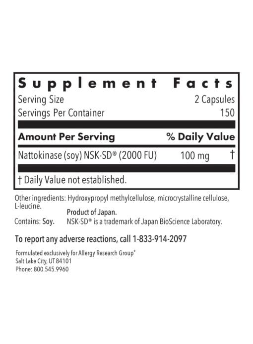 Allergy Research Group Nattokinase 50 mg NSK-SD(R) -- natural fibrinolytic support, cardiovascular health. - Back