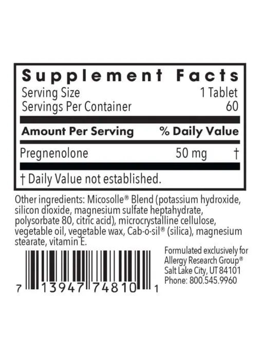 Allergy Research Group Pregnenolone 50mg Micronized Lipid Matrix -- cognitive support, hormone balance. - Back