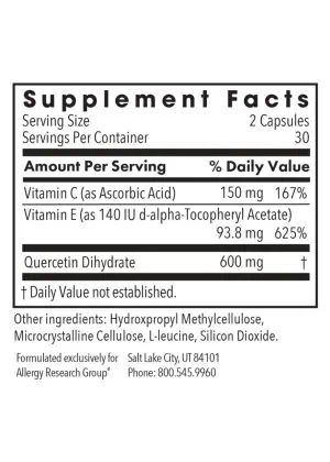 Allergy Research Group Quercetin 300 -- quercetin supplement, antioxidant support. - Back