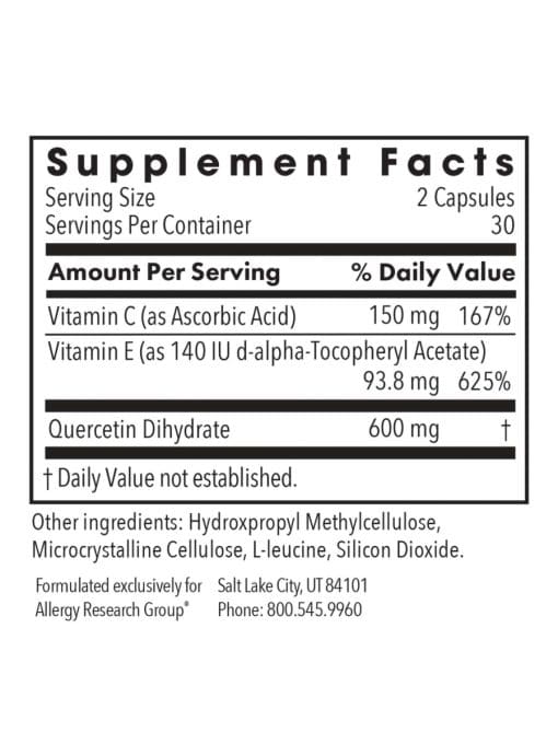 Allergy Research Group Quercetin 300 -- quercetin supplement, antioxidant support. - Back