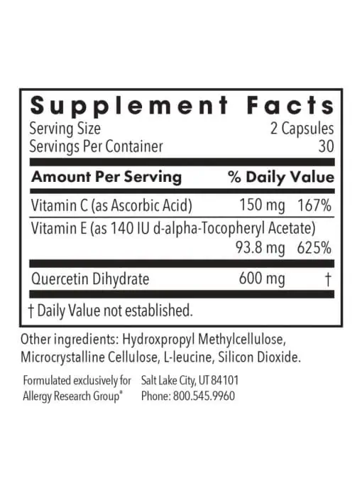 Allergy Research Group Quercetin 300 -- quercetin supplement, antioxidant support. - Back