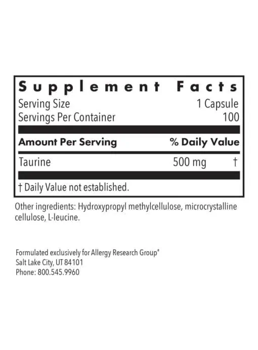 Allergy Research Group Taurine 500mg -- taurine supplement, amino acid - Back