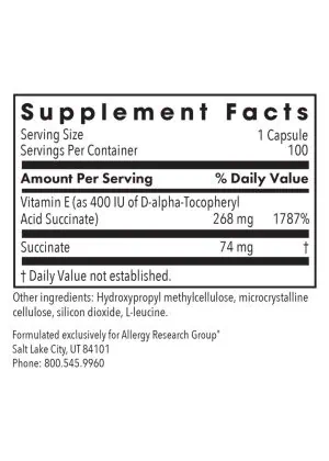 Allergy Research Group Vitamin E (succinate) -- vitamin E supplement, dietary supplement. - Back
