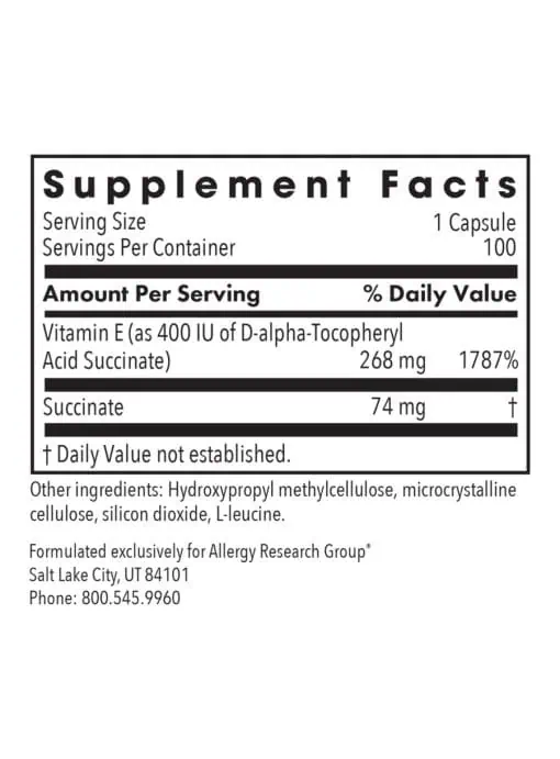 Allergy Research Group Vitamin E (succinate) -- vitamin E supplement, dietary supplement. - Back