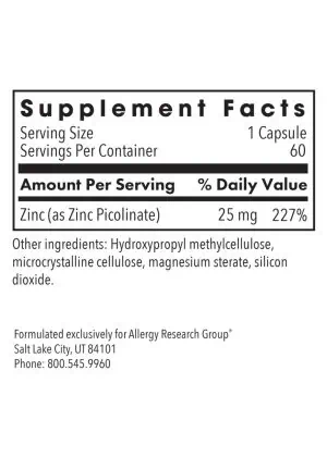 Allergy Research Group Zinc Picolinate -- zinc supplement, immune support. - Back