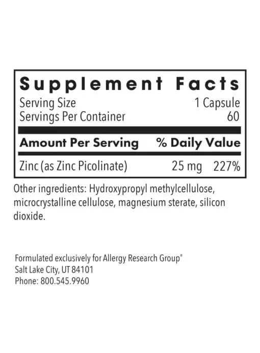 Allergy Research Group Zinc Picolinate -- zinc supplement, immune support. - Back