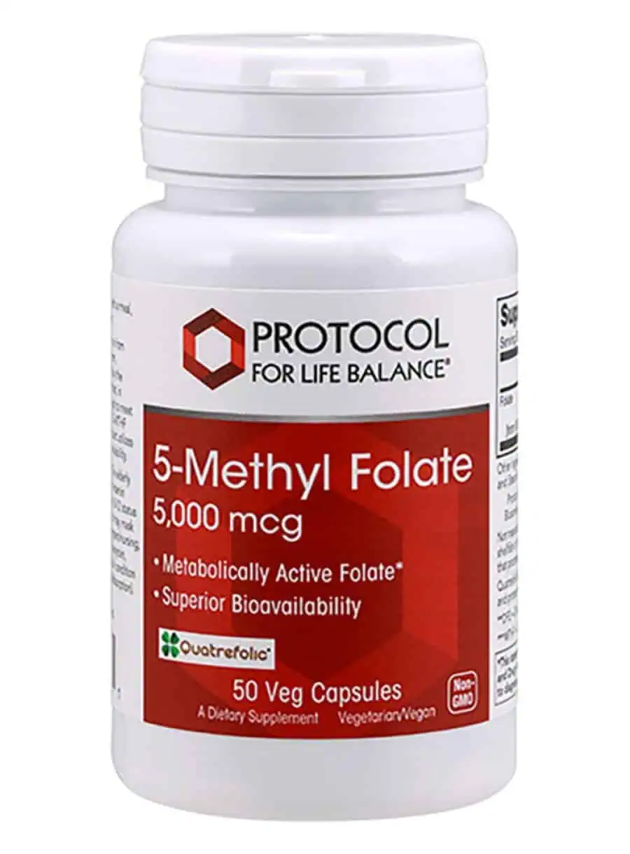 Protocol For Life 5-Methyl Folate 5000mcg -- folate supplement, brain health support.