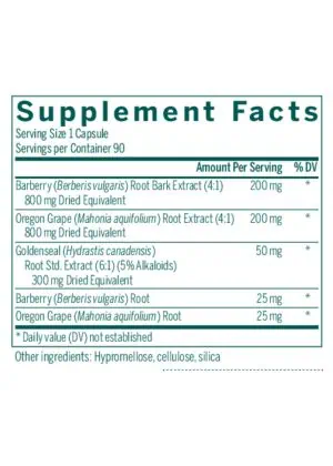 Seroyal/Genestra Berberis Formula -- herbal supplement, vegan capsules. - Back