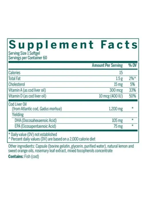 Genestra Cod Liver Oil DHA/EPA Forte -- cod liver oil, omega fatty acids. - Back