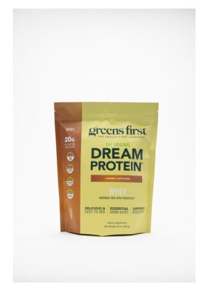 Greens First Dream Protein Caramel Cappuccino -- protein powder, whey protein.