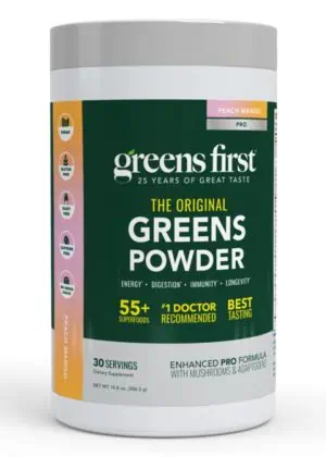 Greens First PRO Peach Mango -- superfood blend, digestive health.