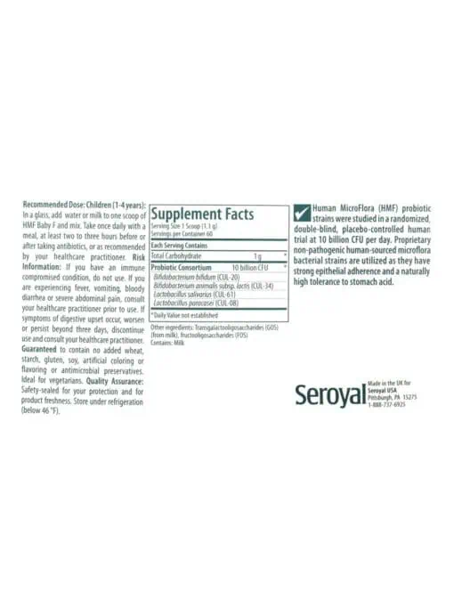 Seroyal HMF Baby F -- probiotic supplement for children, gut health. - Back