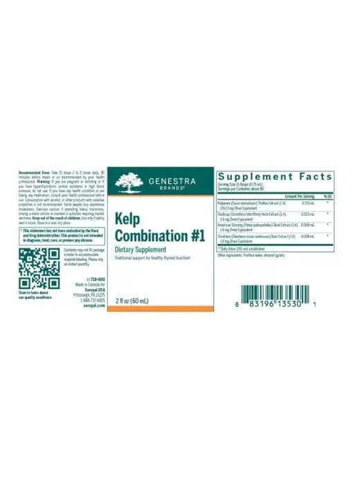 Genestra Kelp Combination #1 -- thyroid support, herbal extract. - Back