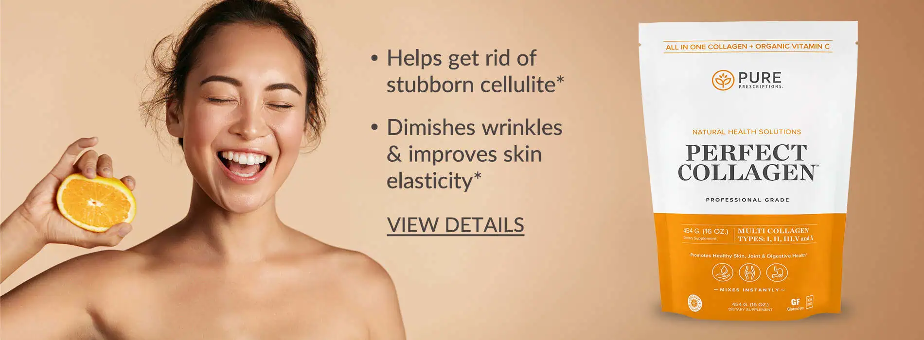 Healthy woman using Perfect Collagen with vitamin C. 