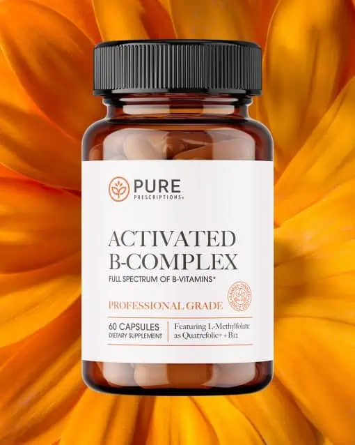 Pure Prescriptions Activated B-Complex bottle on vibrant orange flower background, showcasing the full spectrum B-vitamin supplement