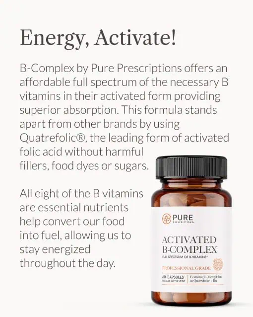 Energy, Activate! marketing graphic for Pure Prescriptions Activated B-Complex, highlighting Quatrefolic activated folic acid and full spectrum B-vitamins for sustained daily energy