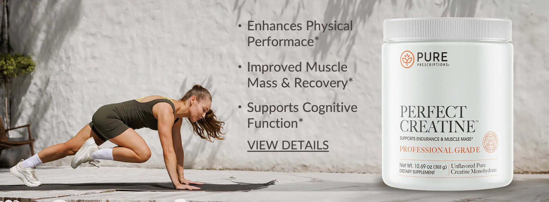 Healthy woman working out next to Perfect Creatine into a glass, for enhanced physical and cognitive performance.